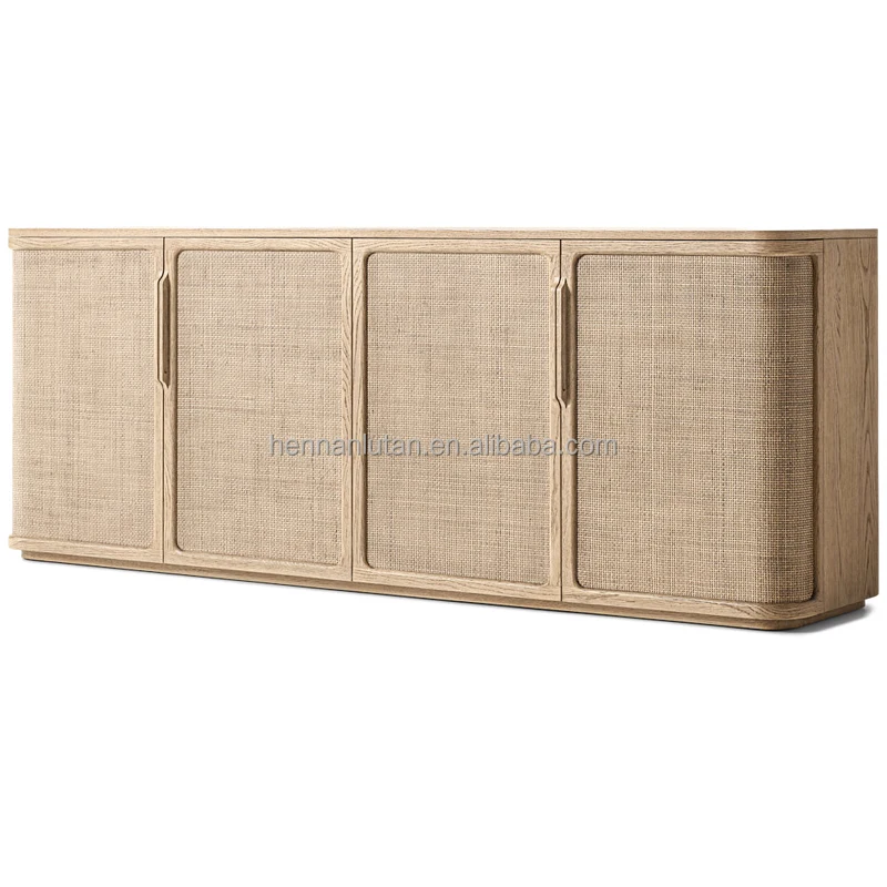 Modern American style living room wood media console French contemporary oak panel 4-door media console