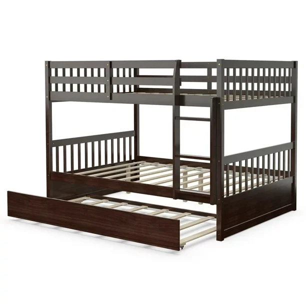 Convertible to 2 Beds Full Size Platform Trundle Bunk Bed Wooden Bunkbed