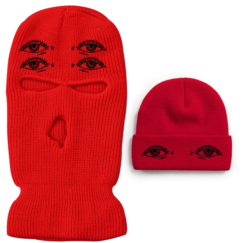 Custom Embroidery Printed Logo Designer Solid Color Ski Mask Balaclava Hat Eye Holes Beanie Hat Set