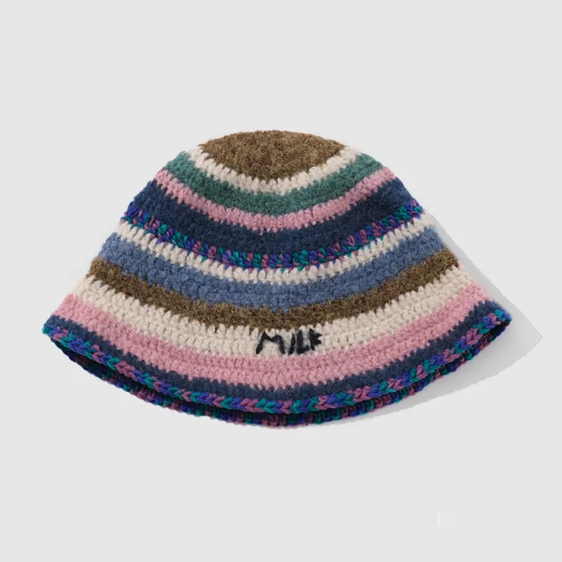 New Arrival Women Colorful Knitted Hand-hooked Striped Bucket Hat For Autumn And Winter crochet knit bucket