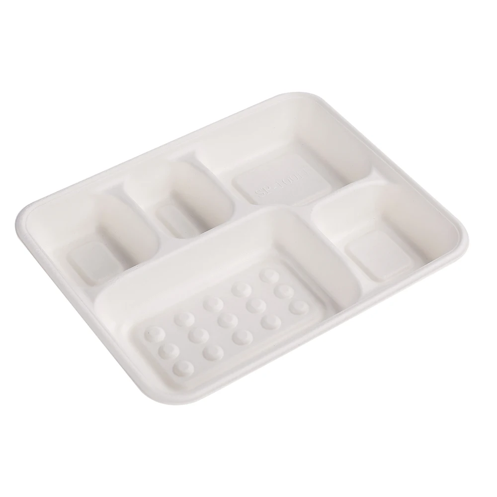 Wholesale 5 compartment disposable bagasse tray for food tableware