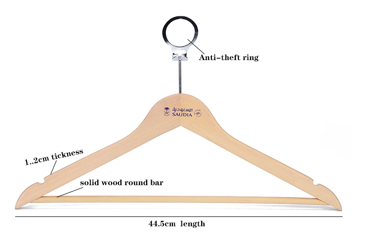 High Quality Anti-theft hotel hanger wooden clothes hangers with anti theft ring