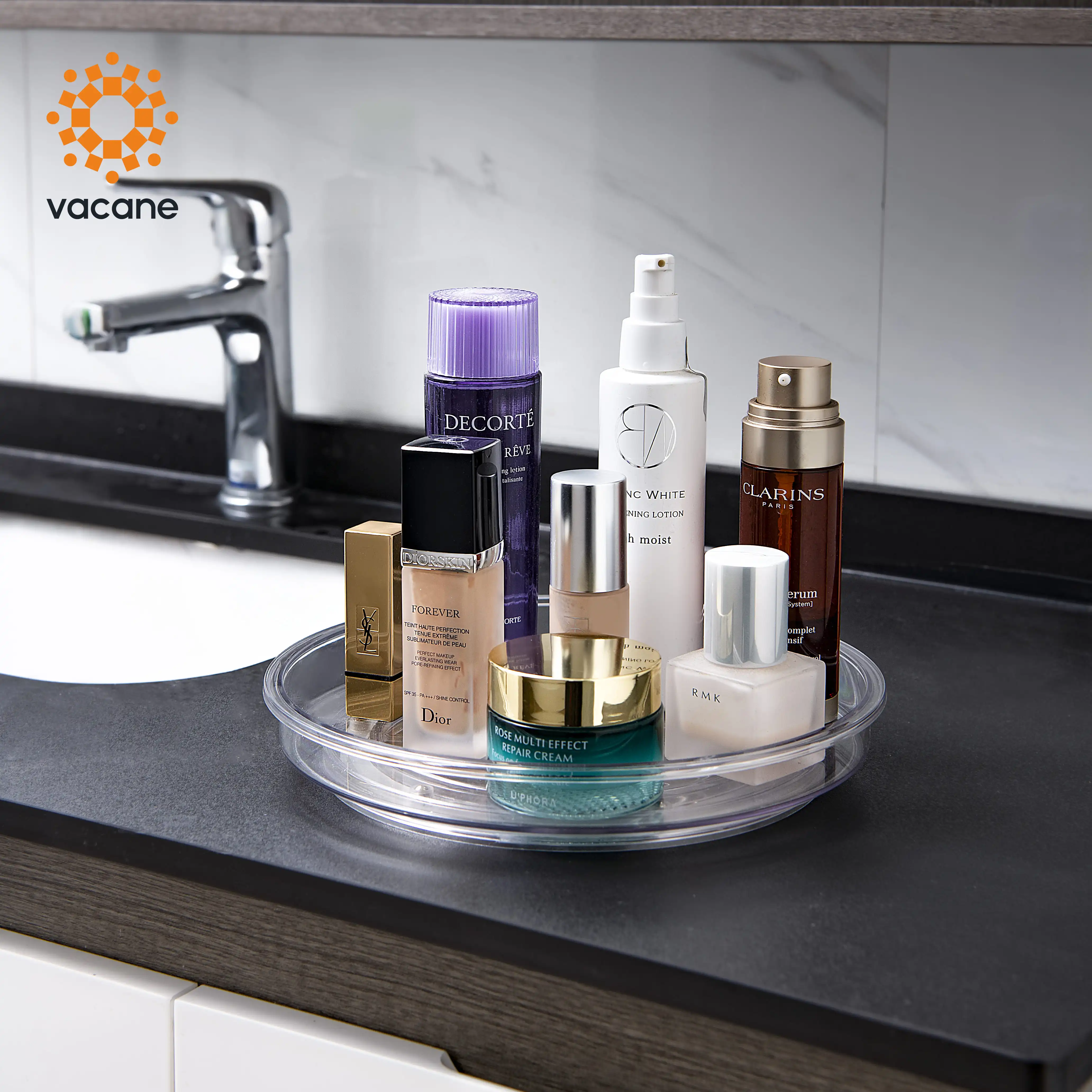 Vacane Clear Spices Cosmetics Cabinet Rotating Organizer Tray Round Plastic Lazy Susan Short Turntable--M