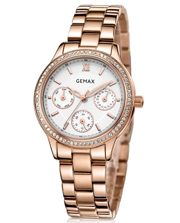Attractive fashionable rose gold elegant charming lady chronograph diamond bezel wristwatches women