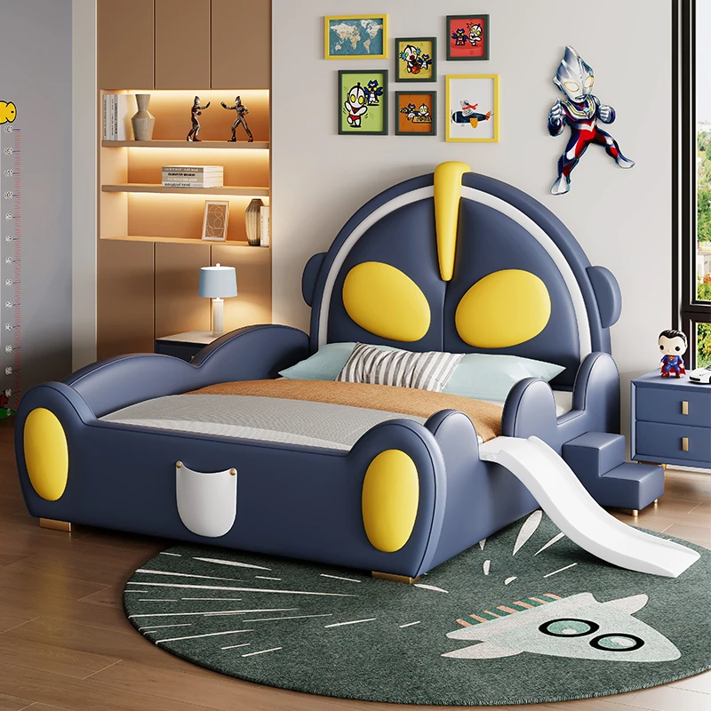 Ultraman single bed Solid wood with guardrail soft cover headboard slide Cartoon castle boy leather bed