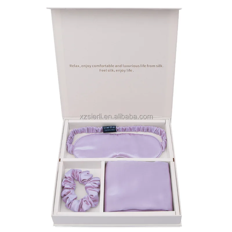 Custom china Luxury 100% pure silk eye sleeping mask silk scrunchie silk pillowcase gift set