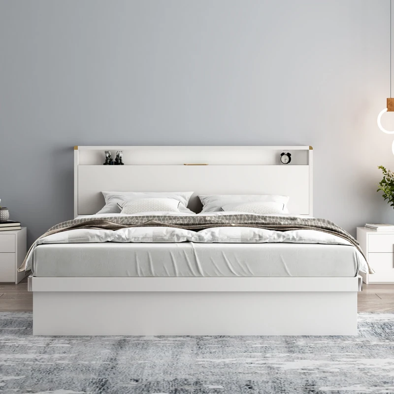 White Wooden With Led Light Bed Frame King Size Bed Storage With Drawers Underneath