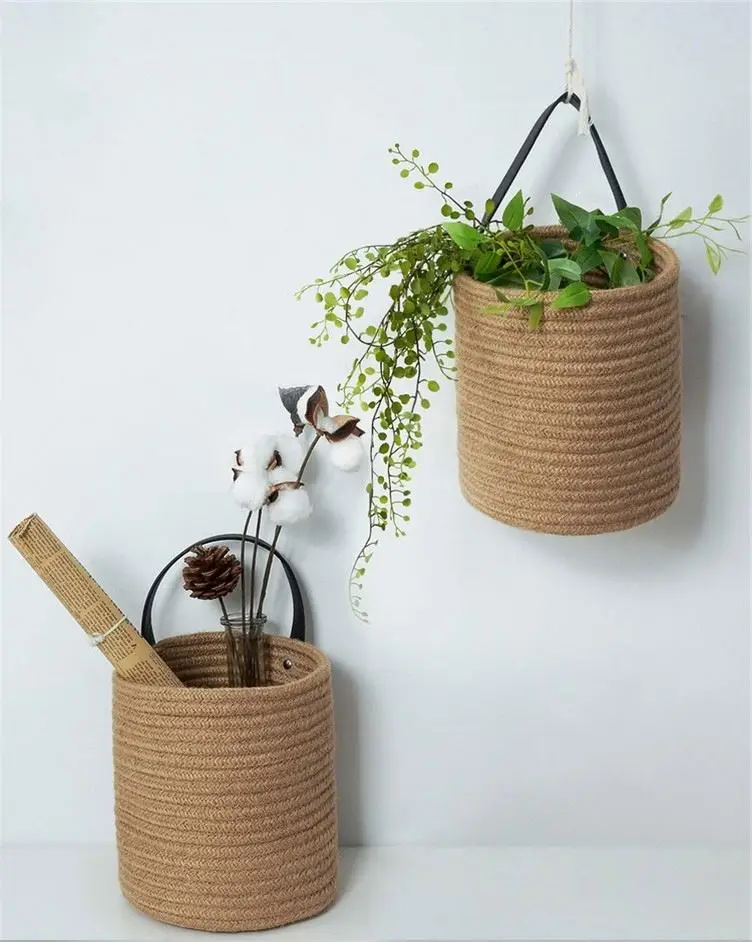 2 Pack Wall Hanging Rope Basket Jute For Bananas Hand Woven Fruit Tassel Vintage Plates Bedroom Decoration Flowers