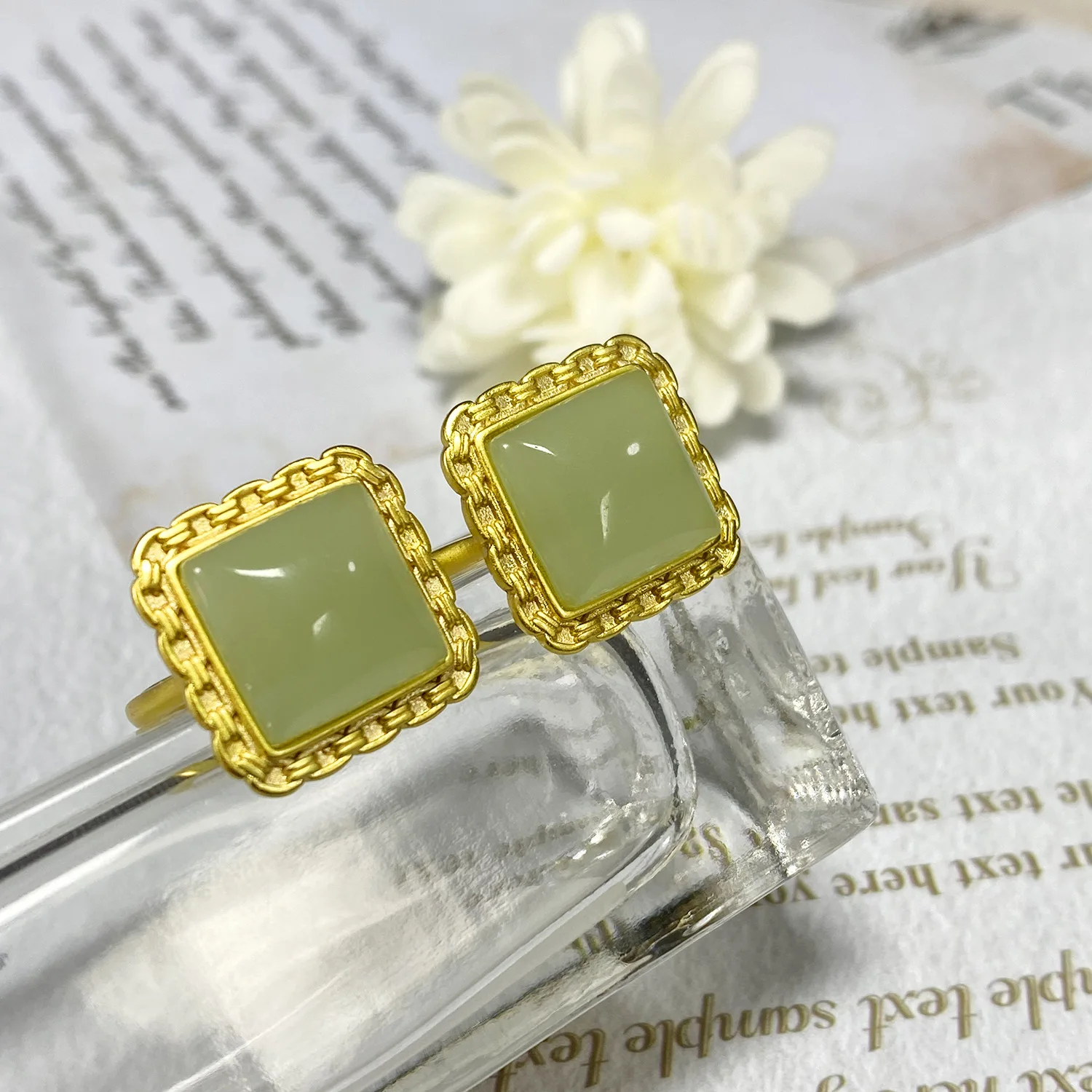 jade ring gold plated female index finger ring with high chain pair ring jewelry palace style country tide