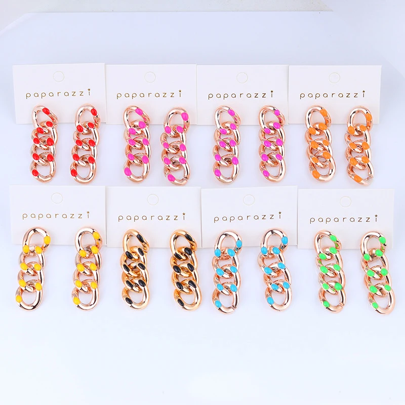 Trendy Jewelry UV Plated Macaron Color Acrylic Curb Chain Drop Earrings Square Link Chain Resin Stud Earrings For Summer Holiday