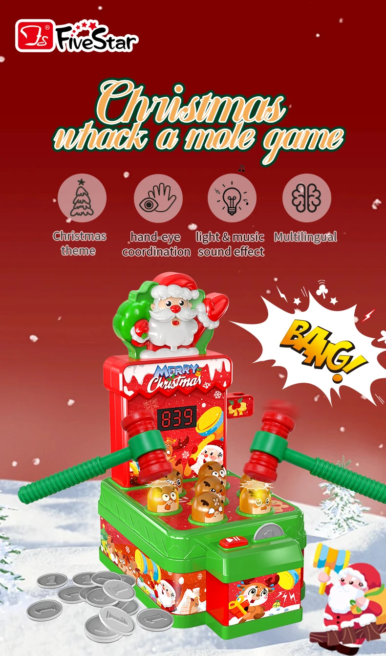 FiveStar Christmas Season Gift Whack A Mole Game With Music Educational Interactive Pounding Toy 2 Players Battle Toys for kids