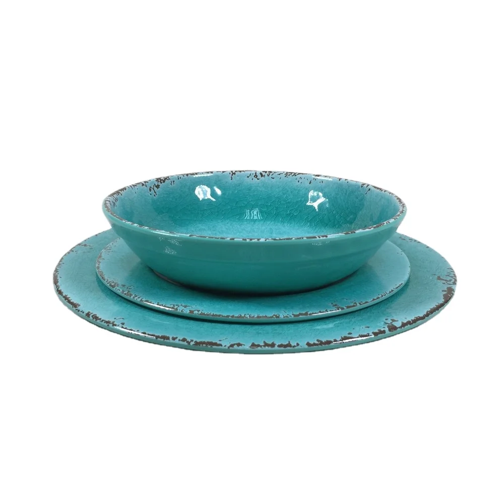 unbreakable custom pattern print  rustic cracked tableware dinner plate bowl set melamine dinnerware set