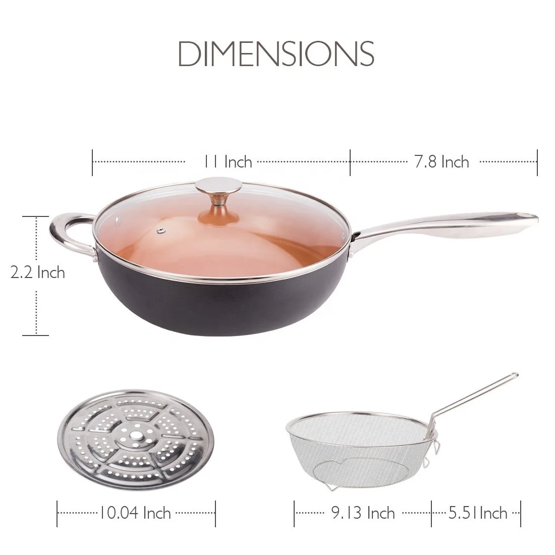 5 Quart Nonstick Copper Ceramic Wok and Stir Fry Pans With Lid, Frying Basket & Steam Rack