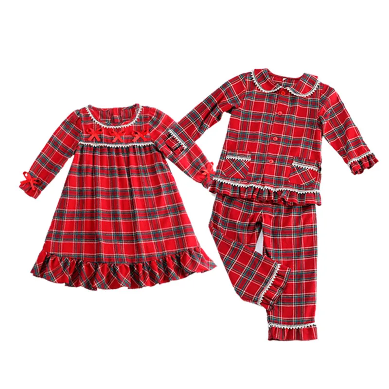 RTS tartan pajama dress sets flannel Christmas baby pajamas set cotton kids pyjamas sets