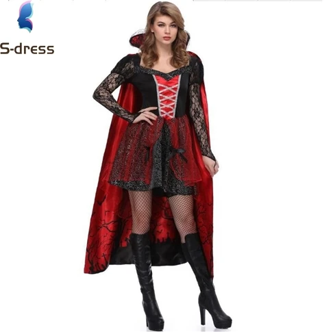 TV & Movie Women Sexy Gothic Vampire Costume Adult Cosplay Carnival Halloween Costume with Cloak Lace Stitching Costume