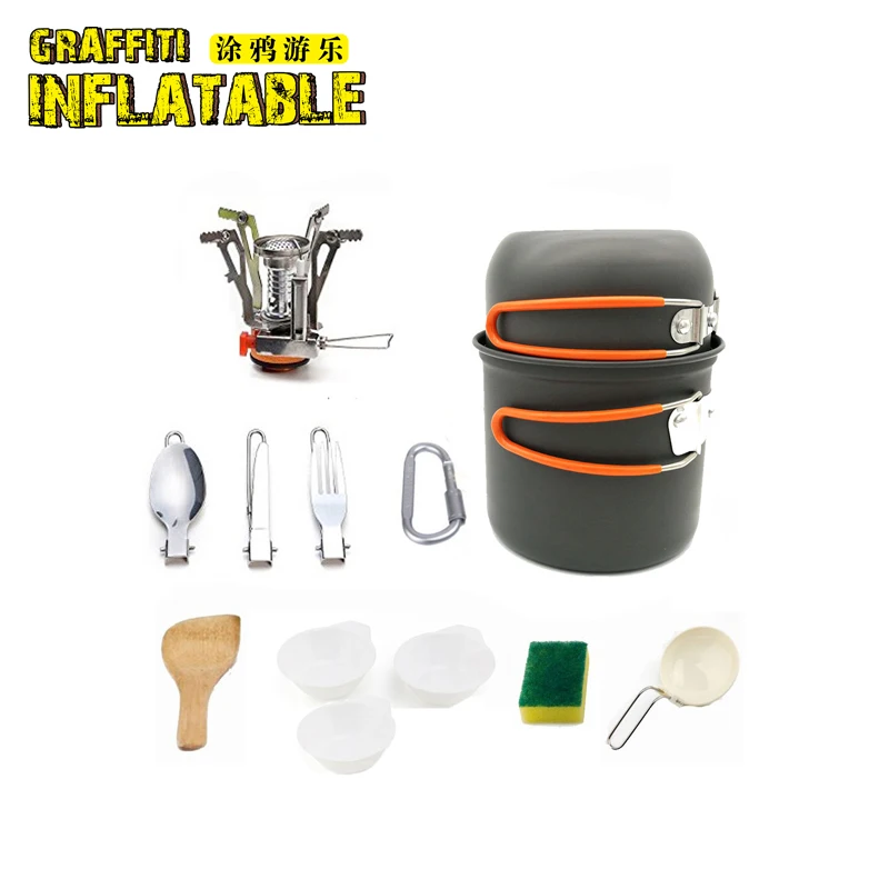 Portable picnic barbecue outdoor picnic pot cooker set pot bowl spoon and gas stove Camping Hiking cooker