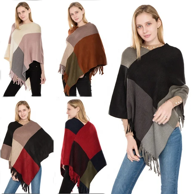 Fashion Plaid Knitted Poncho For Women Autumn Winter Imitation Cashmere Poncho Scarves And Shawls