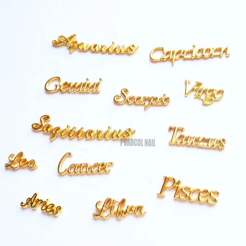 12pcs Nail Art Charm 3D Alloy Gold Constellation Letters Shape Crystal Rhinestone Press On Tips Decoration