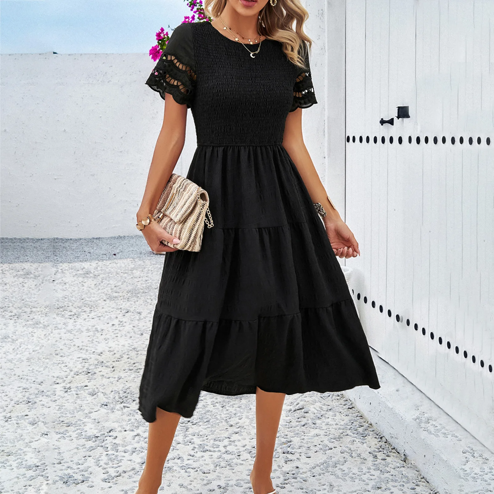 Wholesale hot 2024 spring summer pure color lace patchwork sleeve hollow-out dress