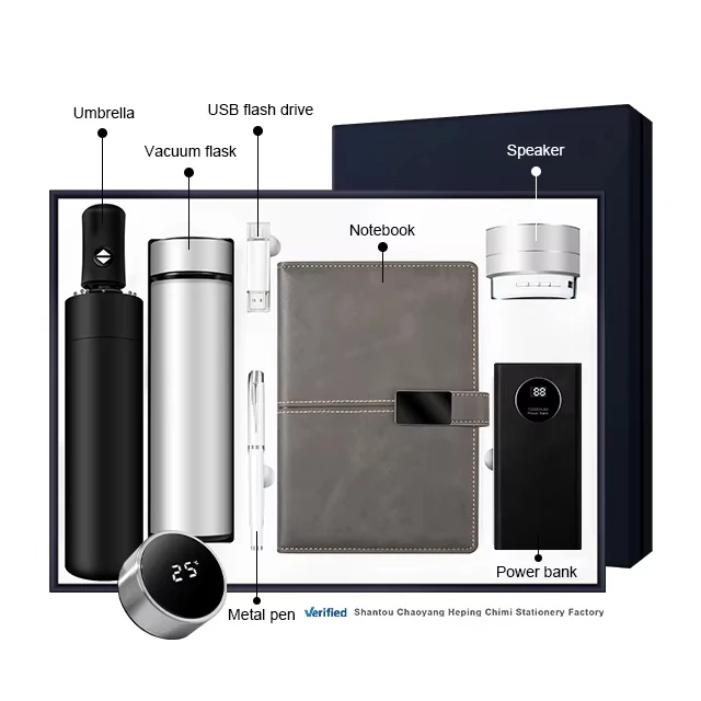 New Arrival Christmas Gifts Set A5 Notebook Vacuum Flask USB Flash Drive Pen Speaker and Power Bank
