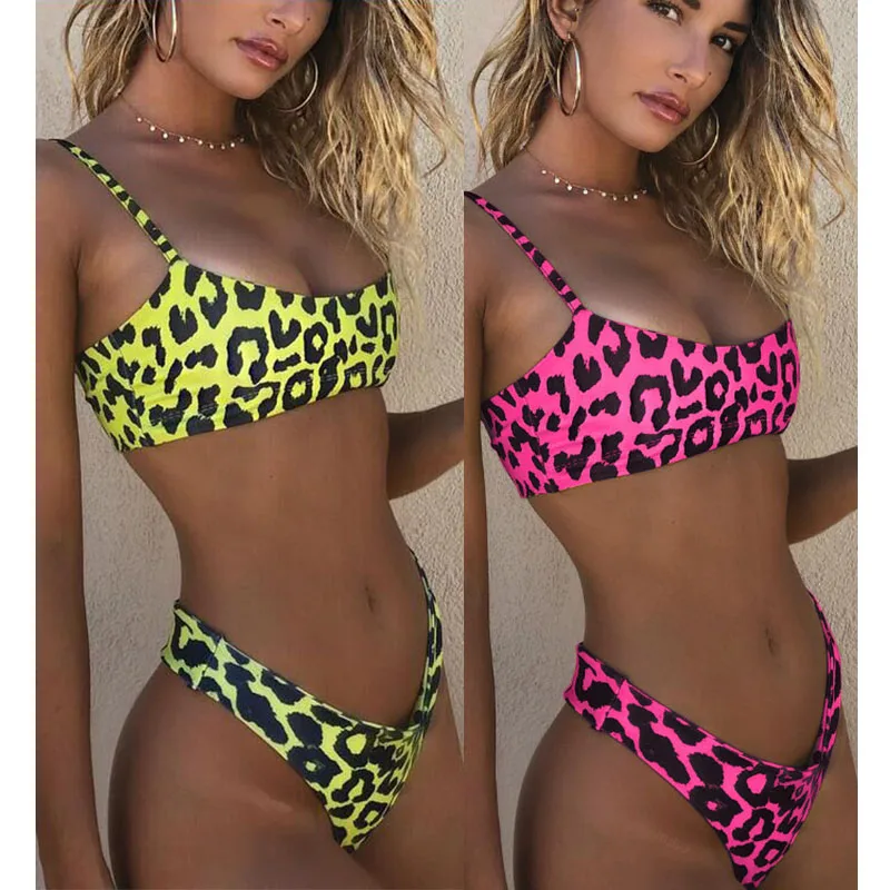 Free Shipping Swimwear Women Fancy Fabric Bathing Suit Two Piece Women Swimwear Sexy Neon Leopard Bikini