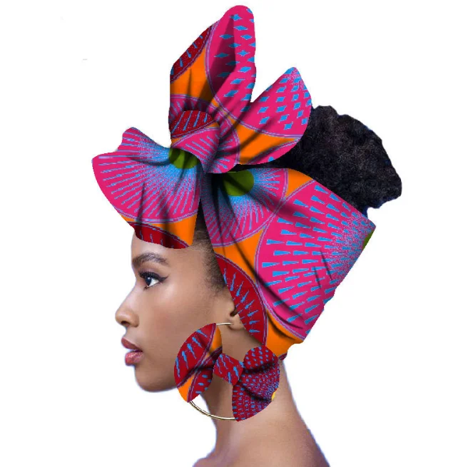 THB-8D718 African Print  Wax Ankala Fabric Headwrap Turban Bandana Scarf With Earrings
