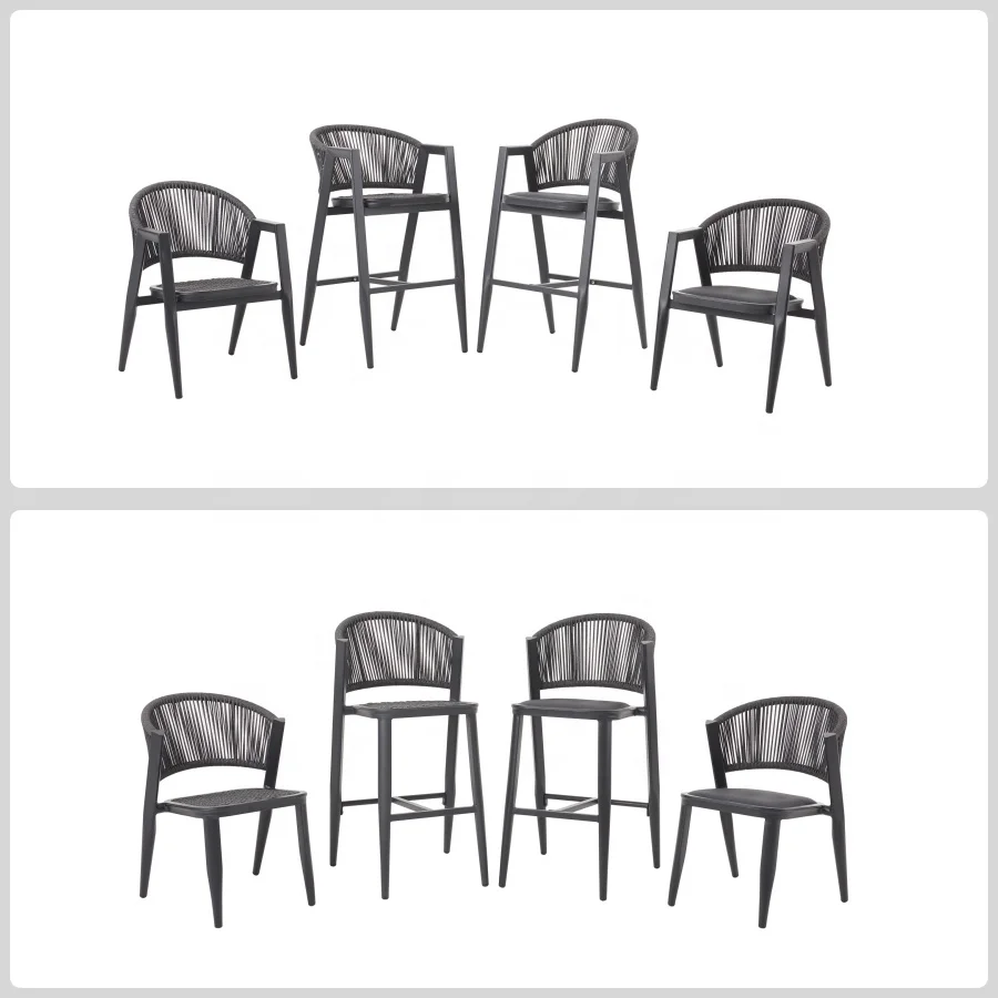 Modern Luxury Design Black Coffee Shop Sets High Quality Patio Aluminum Rope Chairs and Round HPL Table Restaurant Dining Set