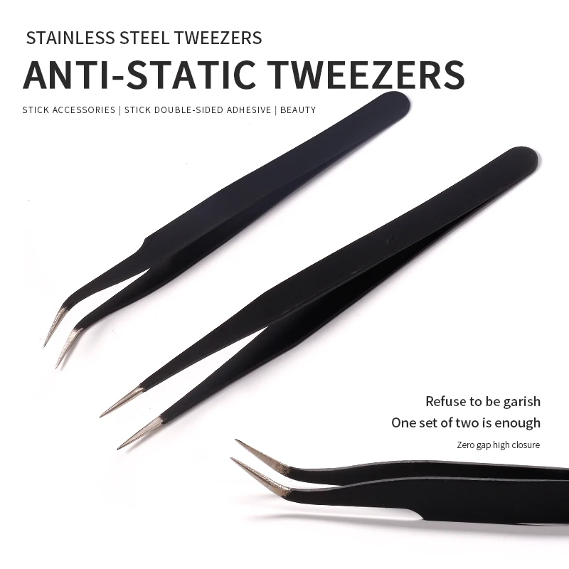 Anti Static Stainless Steel Black Nail Tweezers Curved Straight Eyelash Extension Elbow Clip Picking Rhinestones Tool Nipper