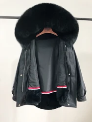 Wholesale Warm Winter Fox Fur Hood Parka Woman Black Parka With Real Rex Rabbit Fur Lined