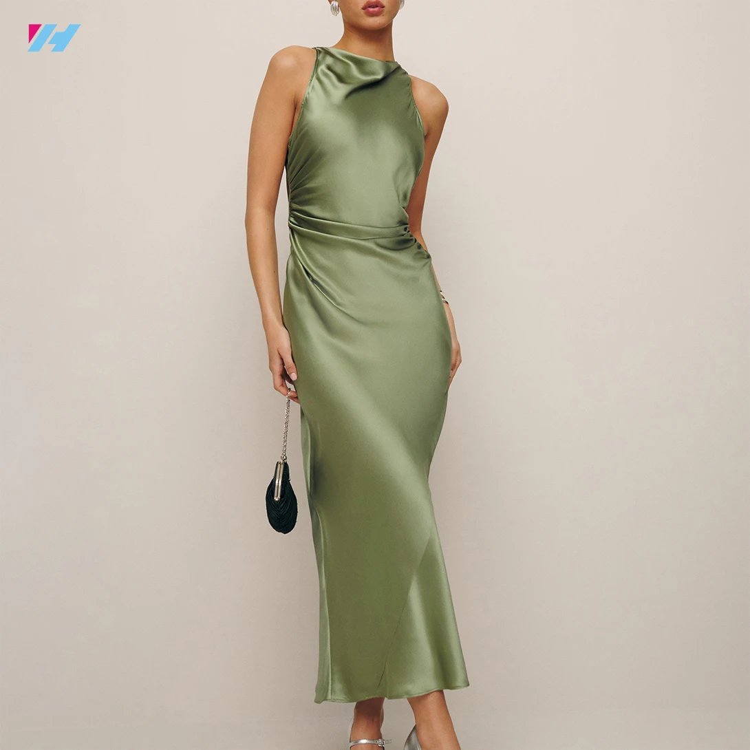 Custom Ladies Elegant Sleeveless Green Satin Silk Midi Long Dress For Women