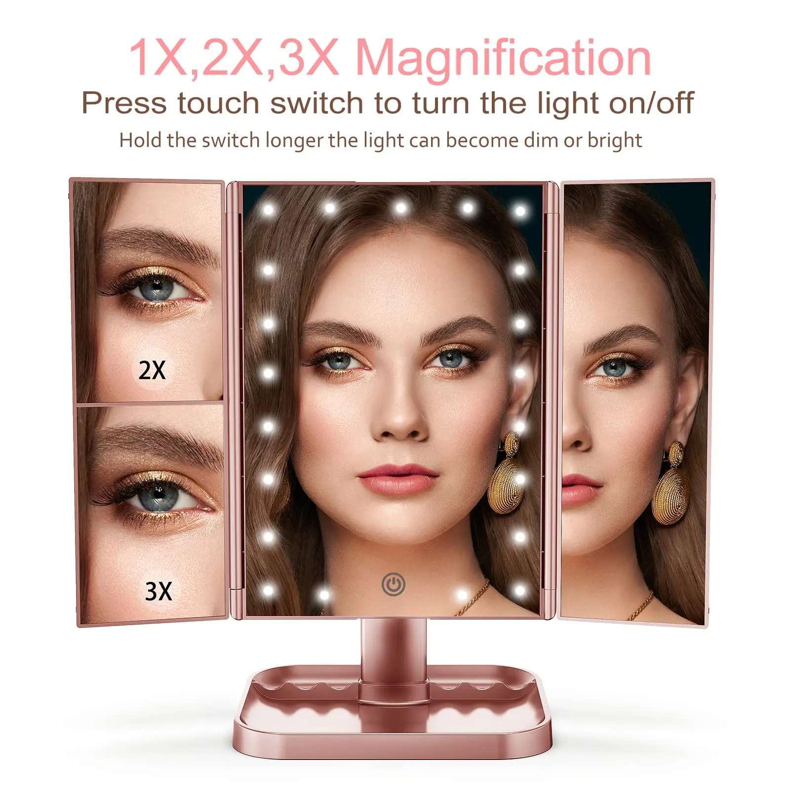 CHAMBERLIAN Hot Selling 3 Fold Luminous 12 LED Bulbs hand mirror with tray