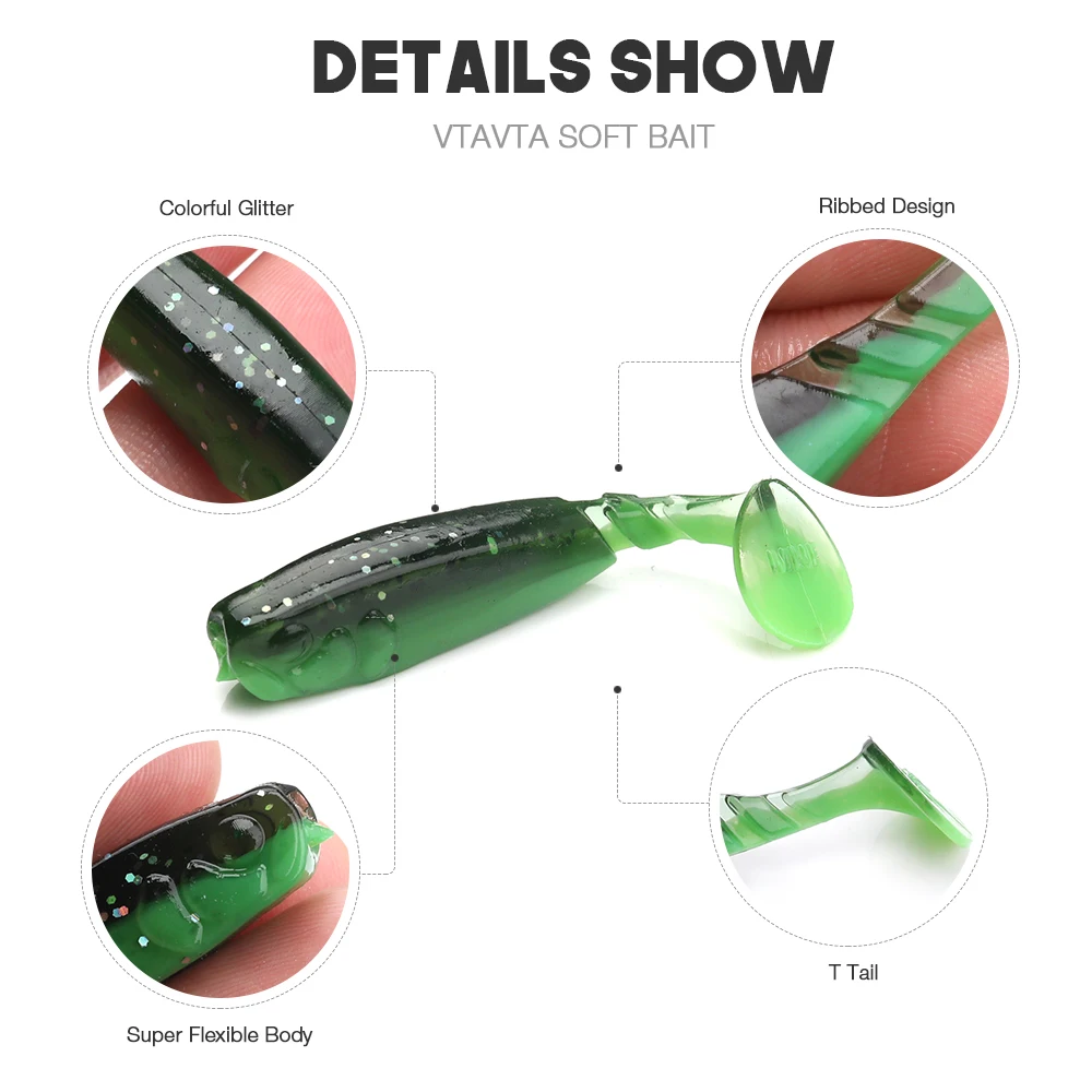 5 Pcs Soft Fishing Worm Lures Silicone T Type Tail Swimming Bass Bait 6cm 2.5g lures