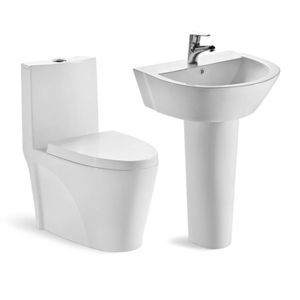 One Piece Toilet Floor Mounted Siphonic Wc and Pedestal Wash Hand Basin Bathroom Set