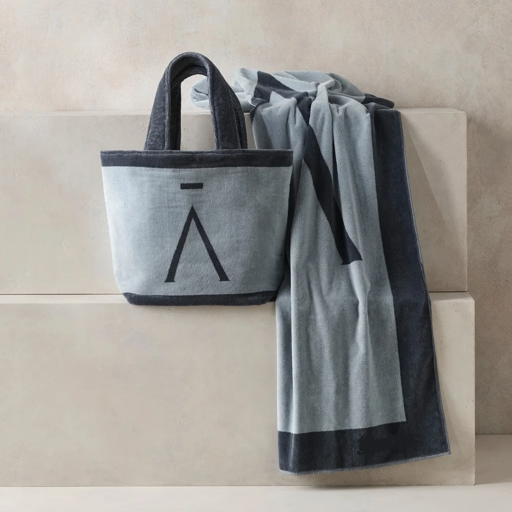 Customized Beach Towel in Bag 100% Cotton Terry Towel Reversible Totes Handbag the Beach Travel Set