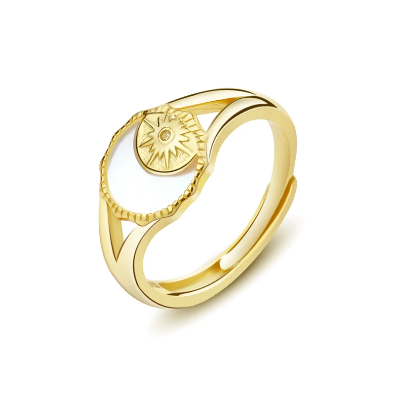 New Trend 925 Sterling Silver Fine Jewelry 18K Gold Plated Cowrie Shell Stone Moon Sun Shape Ring Adjustable