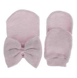 Newborn hospital knitted beanie hat mitten hand set 2 pcs sets baby newborn hat with bow