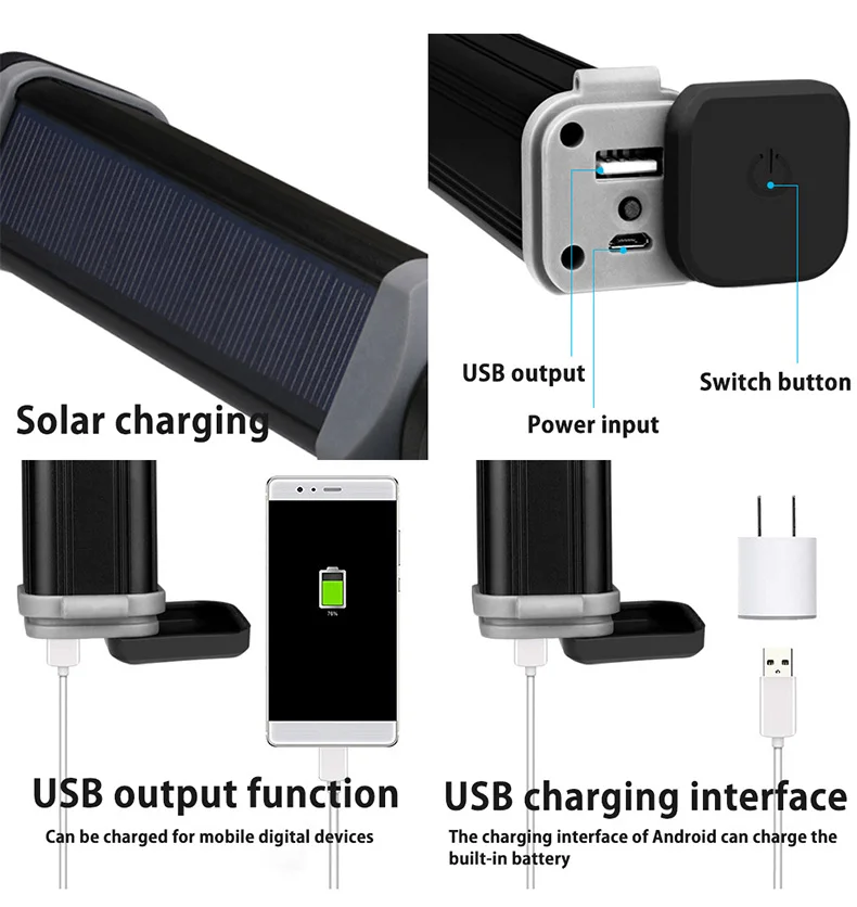 Solar and USB Charge Bike Light Outdoor Multifunctional Car Safety Hammer Seatbelt Cutter Magnet attraction Flashlight