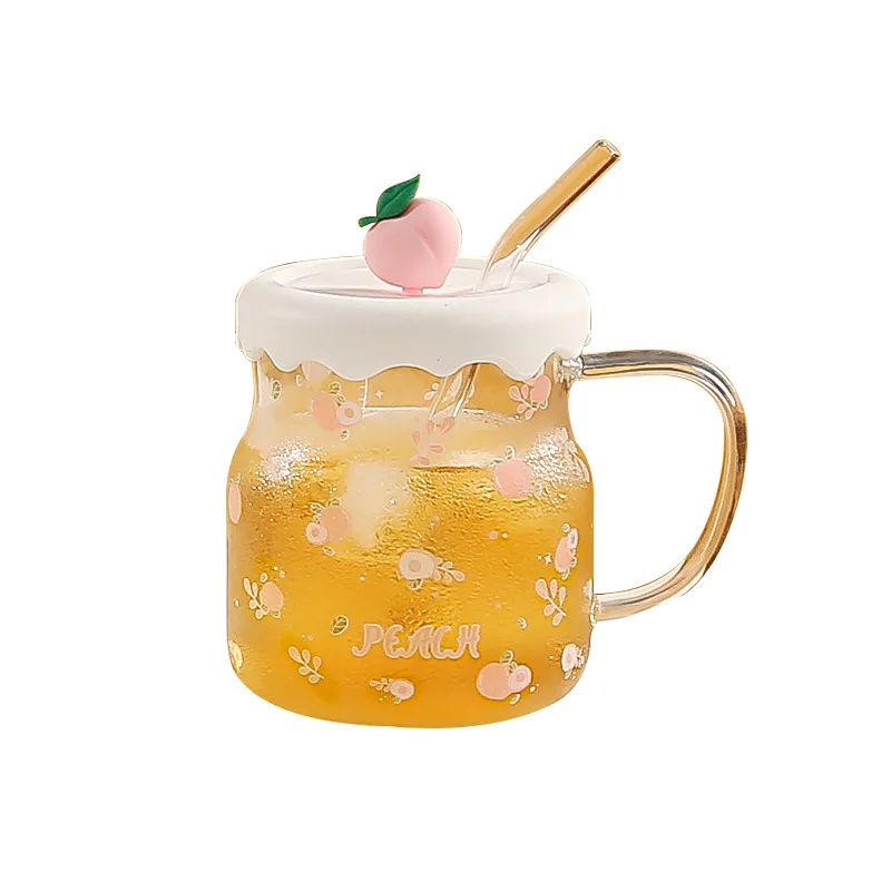 Wholesale Creative Glass Mugs Cute Fruit Glass Water Cup With Straw and Lid