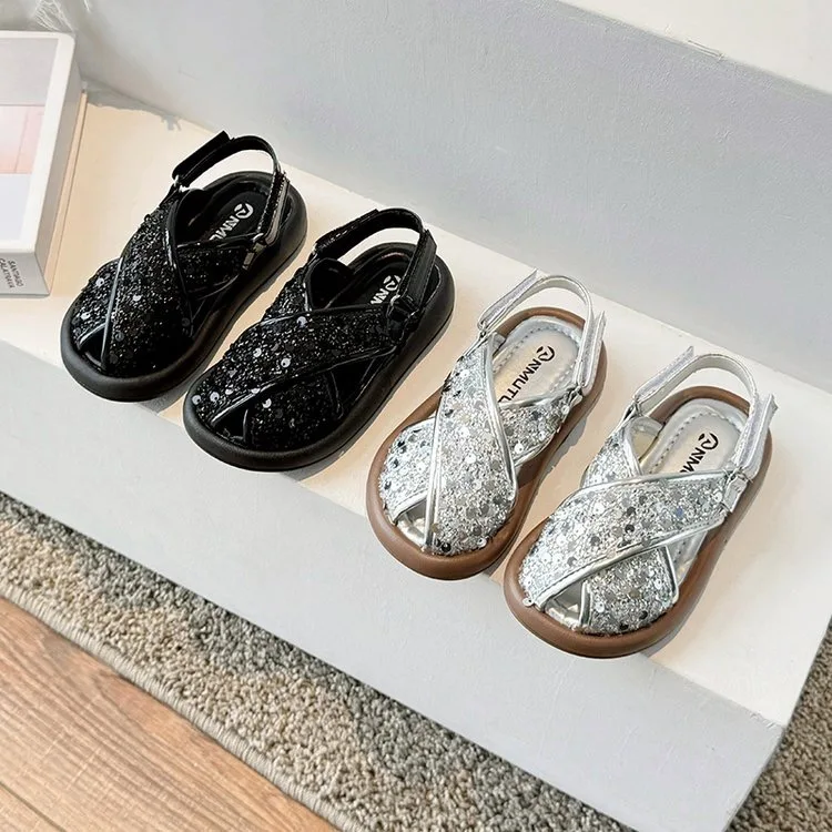 Children Fashion Casual Summer Soft-Soled Non-Slip Sequin Kid Girls Sandals Breathable Beach Sandals