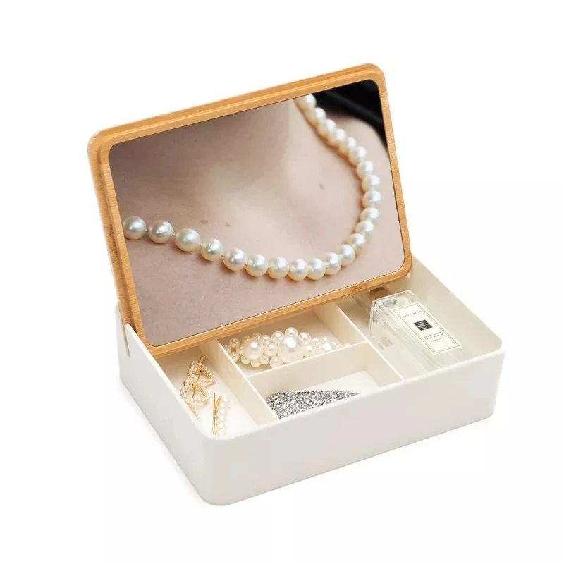 No Plastic Nature Bamboo Fiber Desktop Jewelry Make Up Storage Organizer Box with Mirror and Divider