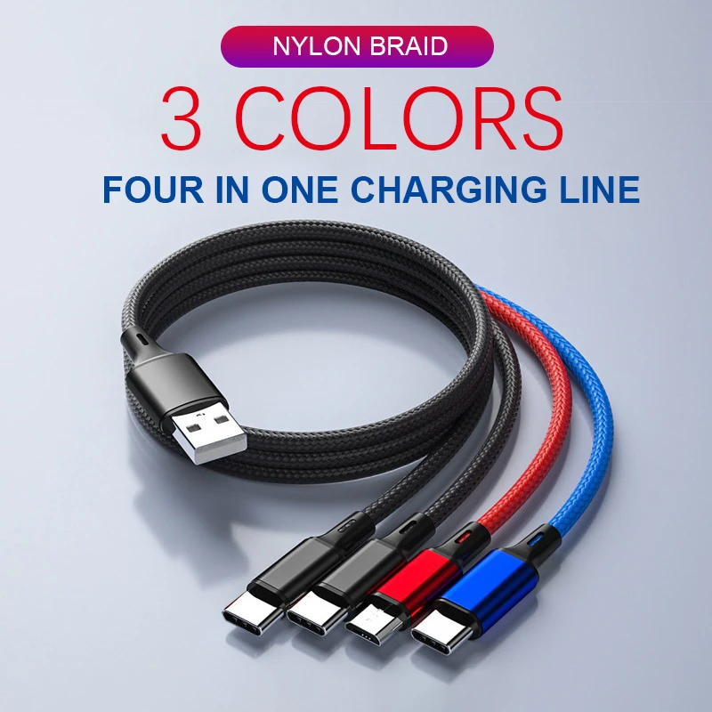 2022 Commonly Used Accessories & Parts Mobile Accessories OEM Multi USB 1.2M Braided 4 IN 1 USB Cable With Micro TYPE C IOS