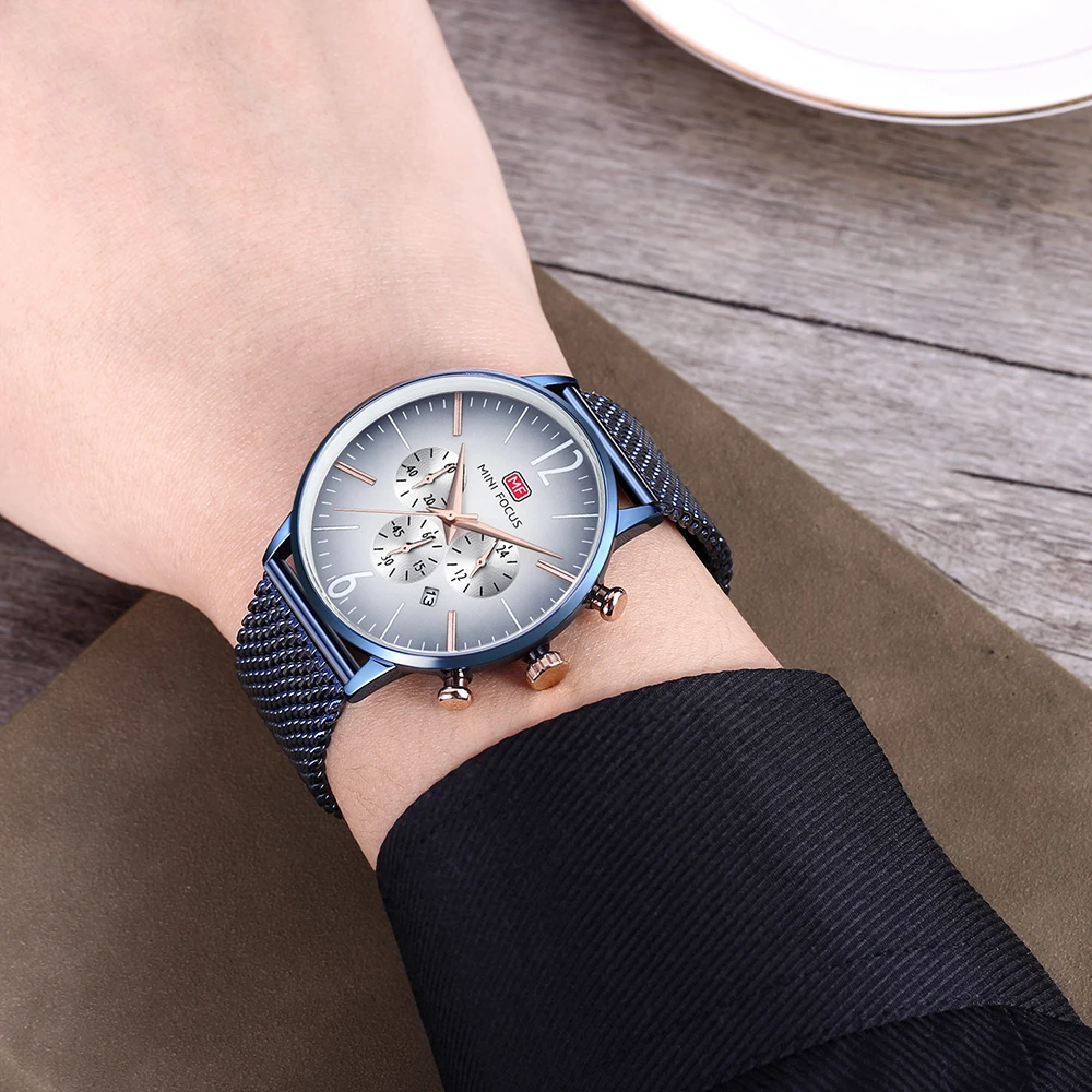 MINI FOCUS MF0114G Creative cool Watch Quartz Clock Blue Ultra Thin Mesh Strap Waterproof Chronograph Calendar vive Wristwatches
