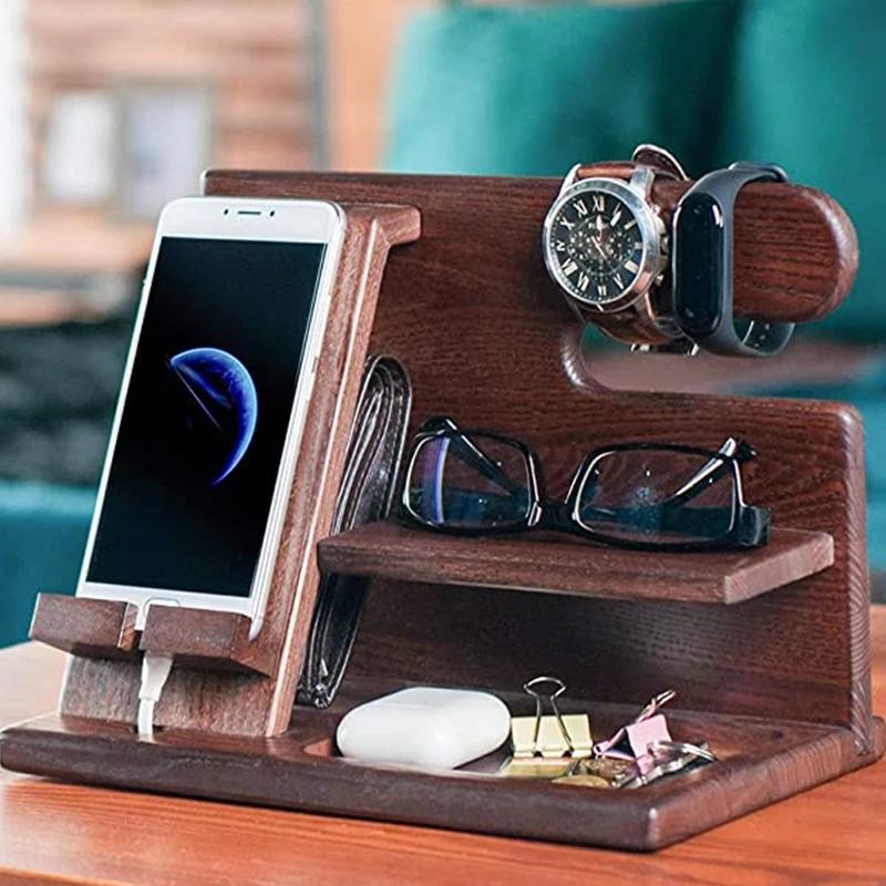 Nature Wood Phone Docking Station,Key Holder Wallet Watch Organizer Stand,Desktop desk wood mobile phone holders stand