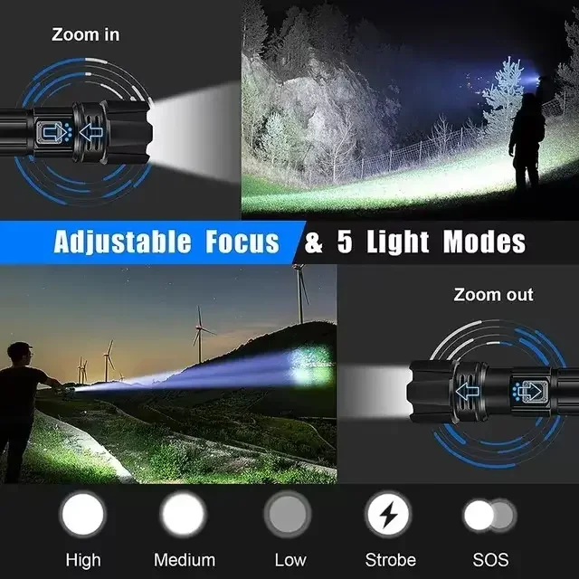 Flashlights LED High Lumens Rechargeable XHP70.2 Super Bright Battery Powered Tactical Emergency Torch Light For Camping Hiking