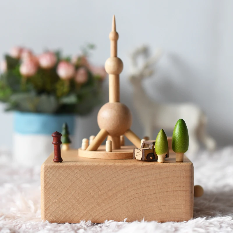Customizable Design Musical Box Chinese Oriental Pearl Tower Beech Wooden Music Box For Festival Gifts