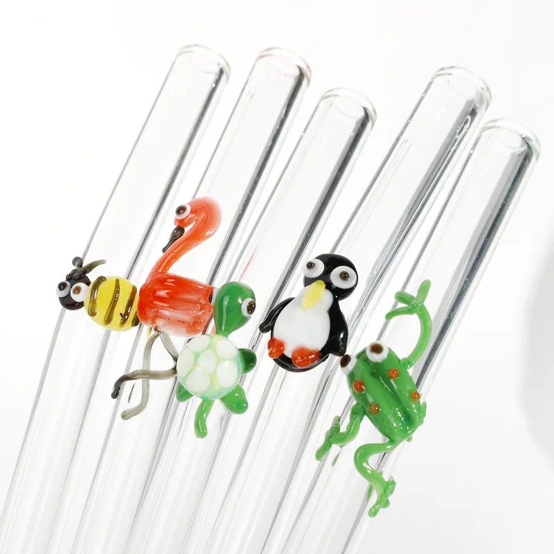 DD3093  Wholesale Cartoon Bee Glass Straws Reusable Cute Animal Decorative Clear Glass Drinking Straw With Fun Design