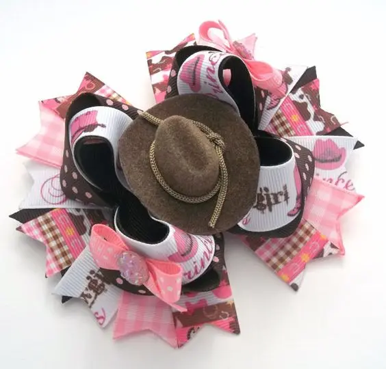 Банты для волос cowgirl, банты для волос из коричневой и розовой ленты, Аксессуары для девочек, большие заколки для волос OTT для девочек