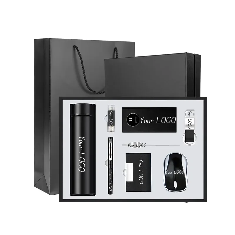 Christmas Cutlery Set Gift Wireless Power Bank with 8 in1 Gift Set Mouse Name Card Holder Pen USB Key Chain Vacuum Flask