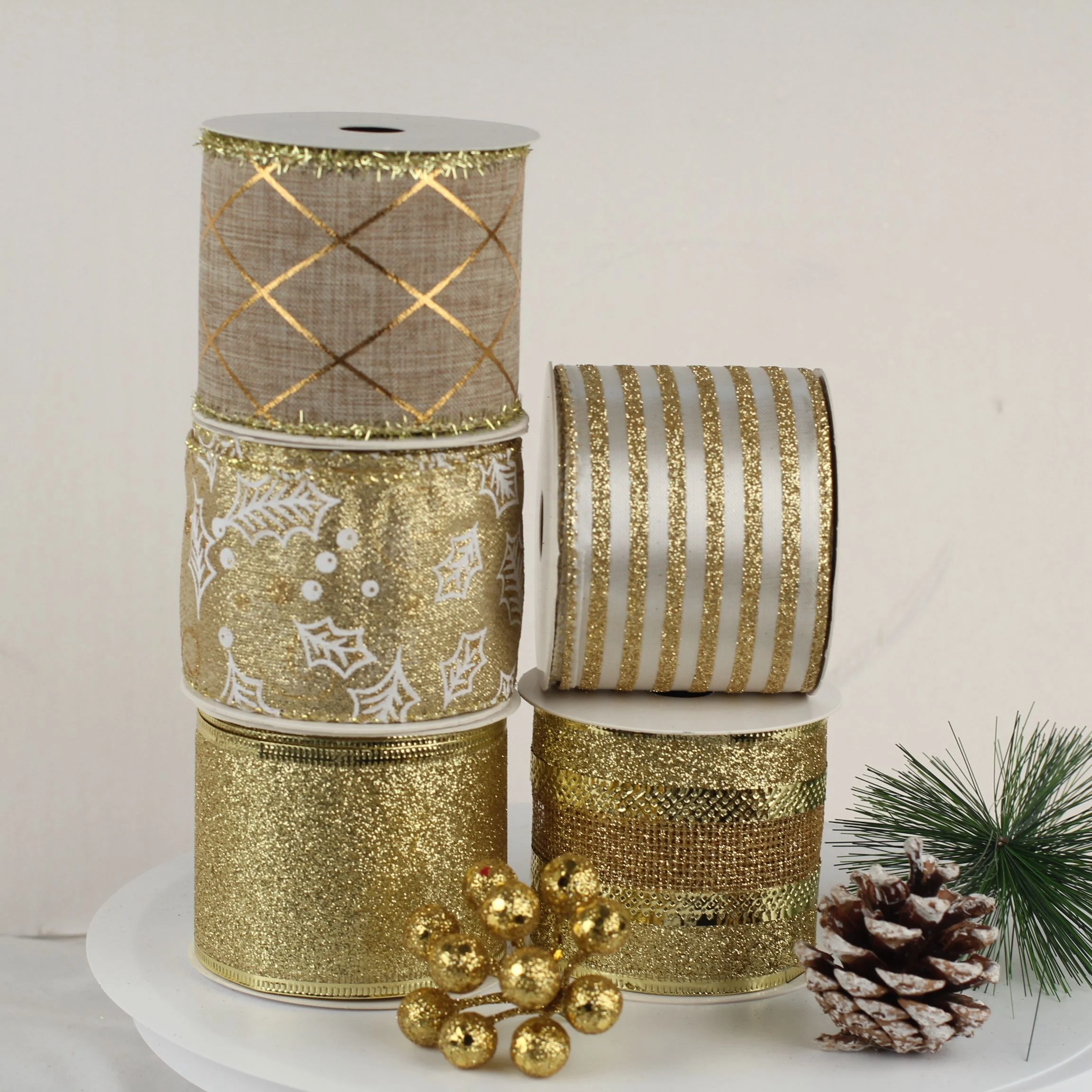 Custom Wired glitter edge christmas gold satin natural burlap ribbon for decoration