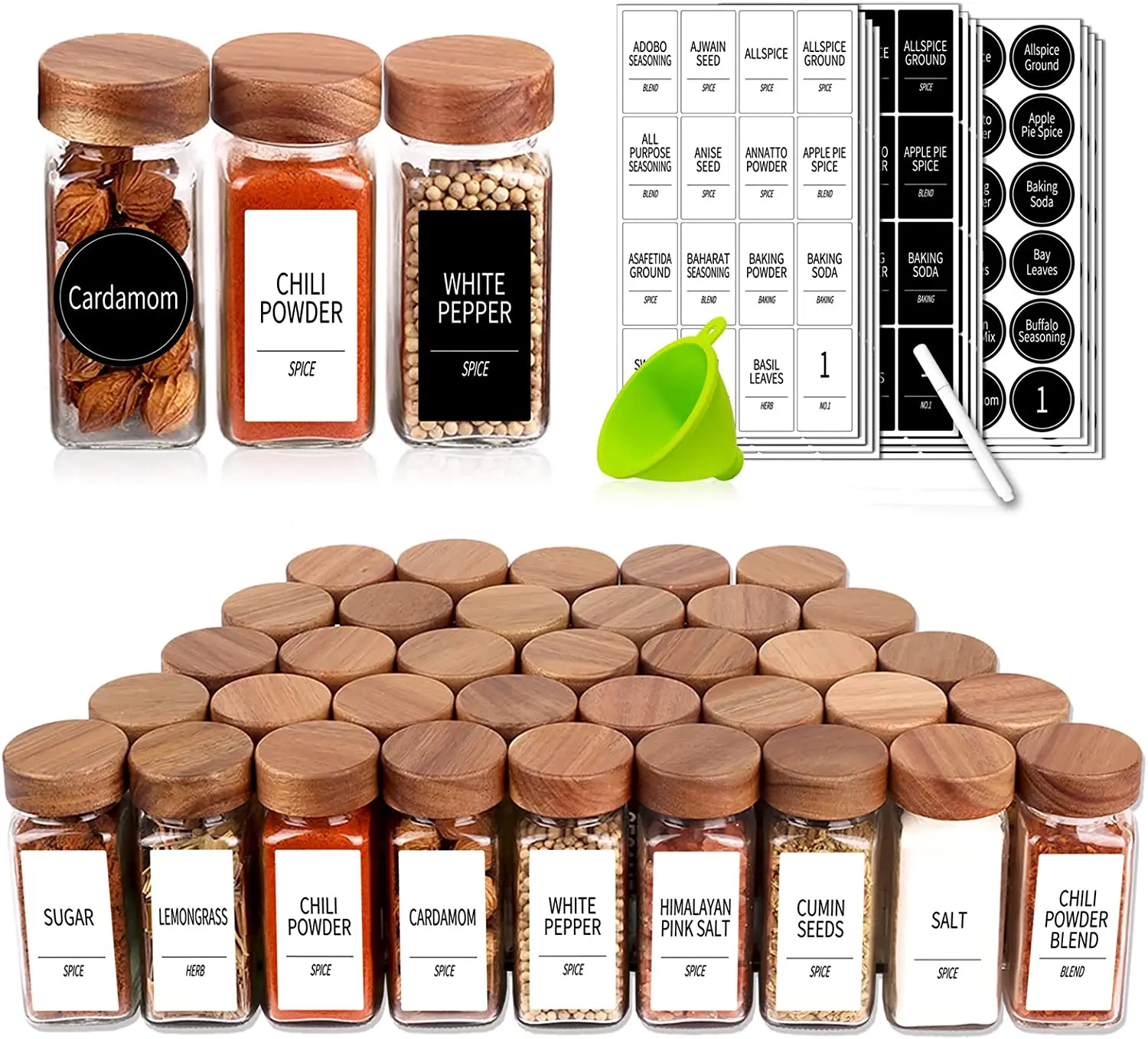 24 Spice Jars  - Glass Spice Jars with Shaker Lids - 4 Oz Square Spice Containers with Acacia Wood Lids